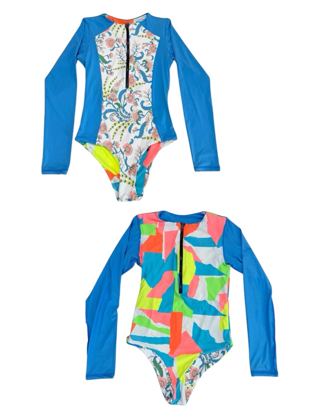 Maaji Reversible Blue Pink Floral Neon Abstract One Piece Long Sleeve Swimsuit